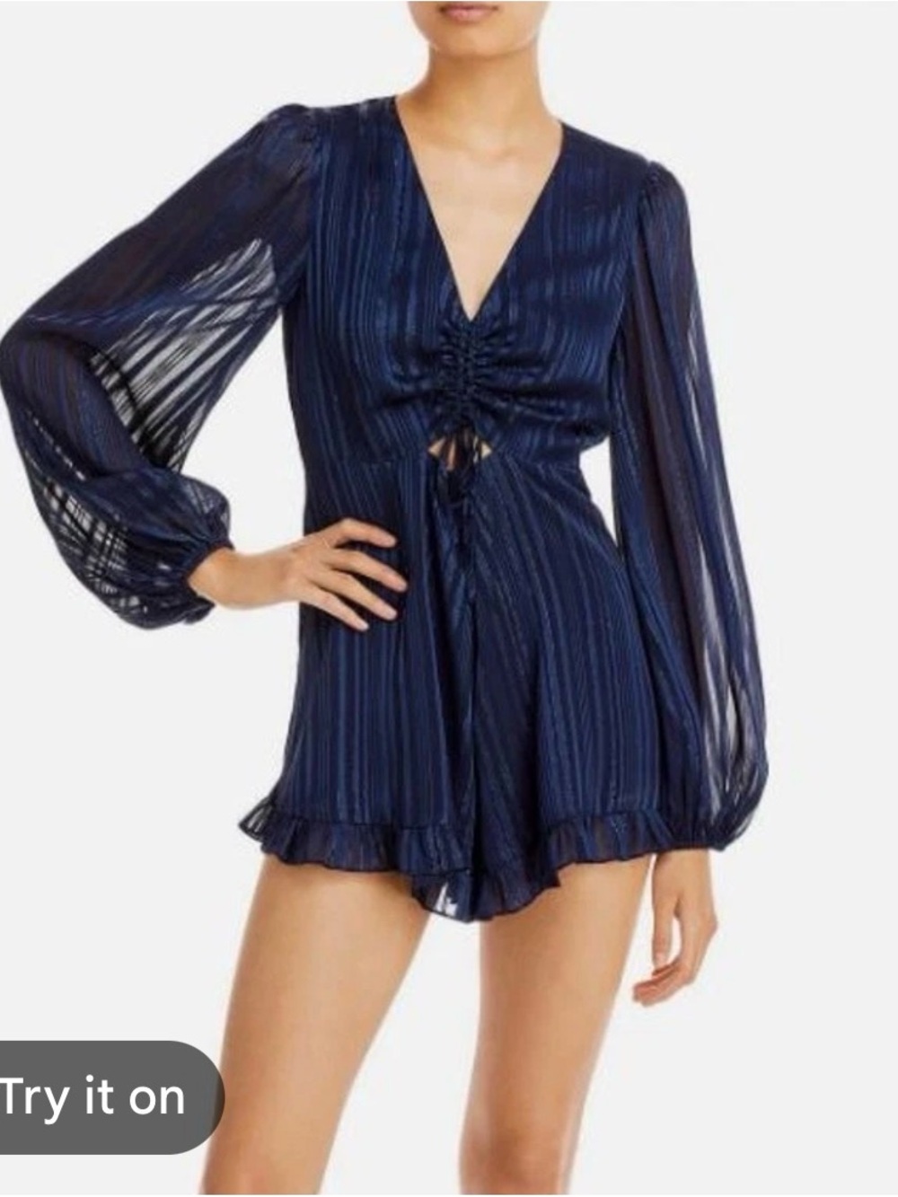 Aqua Navy Shirred V-Neck Long-Sleeve Romper